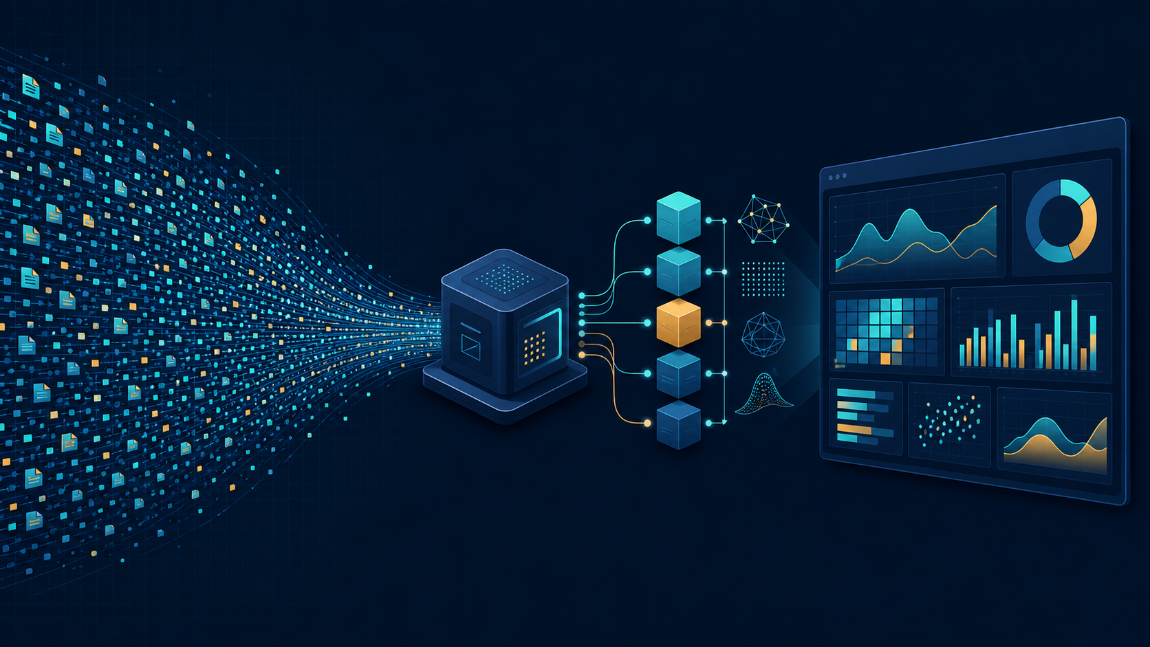A dense stream of events becoming compact aggregate and sketch states that feed an interactive dashboard